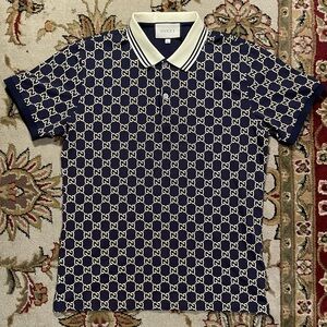 Gucci GG Jacquard Cotton Polo Shirt in Navy Blue
